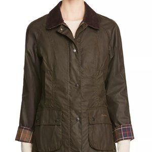 Barbour Olive Green Waxed Cotton Jacket with Brown Cord Collar